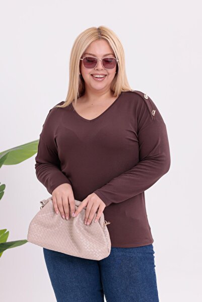 Siyezen Plus Size Blouse with Gold Button Detail on the Shoulders