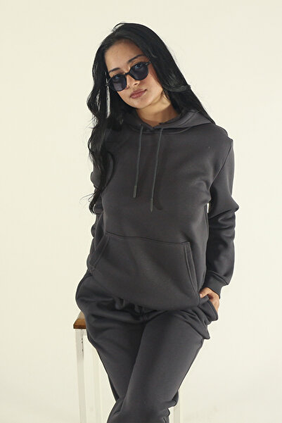 EydaMoon Women's Smoked Winter Cotton Puff Fabric Kangaroo Pocket Hooded Jogger Tracksuit Set