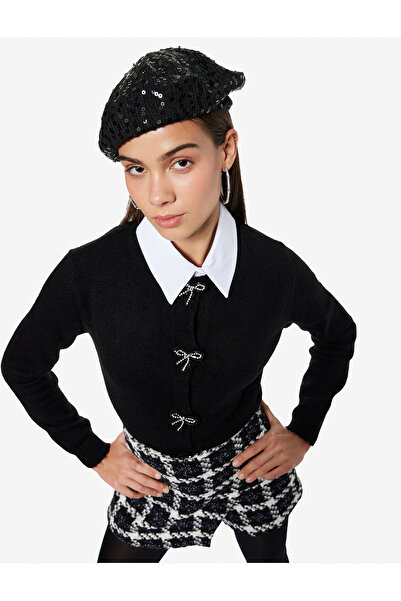 Koton Long Sleeve Crew Neck Bow Knit Cardigan