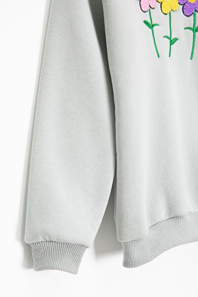 Cansın Mini Gray Floral Embroidered Fleece-Lined Girls' Tracksuit Set 23364