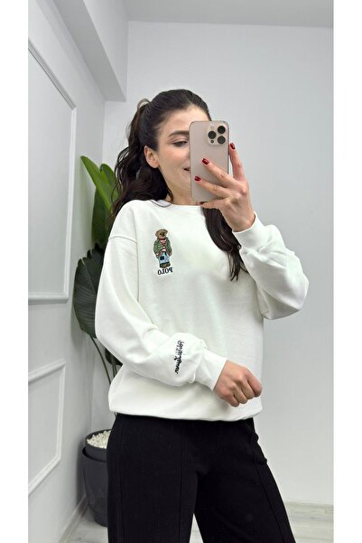 TUNAM BUTİK 2037 سويت شيرت أبيض بتفاصيل مطرزة