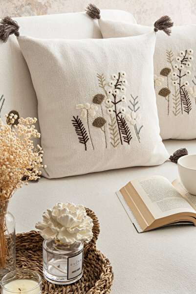 Lux Touch Peony Ecru Embroidered Tasseled Bohemian 2-Piece Throw Pillow Cover 45X45Cm