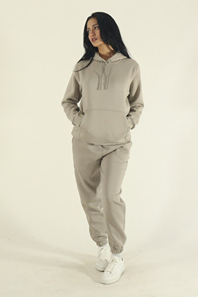 EydaMoon Women's Stone Winter Cotton Puff Fabric Kangaroo Pocket Hooded Jogger Tracksuit Set