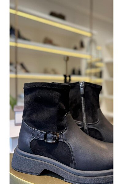 BABLACK Yan Kısmı Streç Toka Detaylı %100 Hakiki Deri Bot Siyah