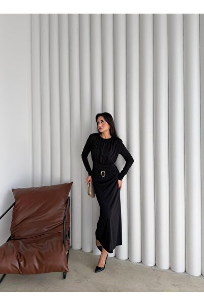 maf collection Kadın Bisiklet Yaka Siyah Sandy Kumaş Aksesuar Detay Abiye Elbise