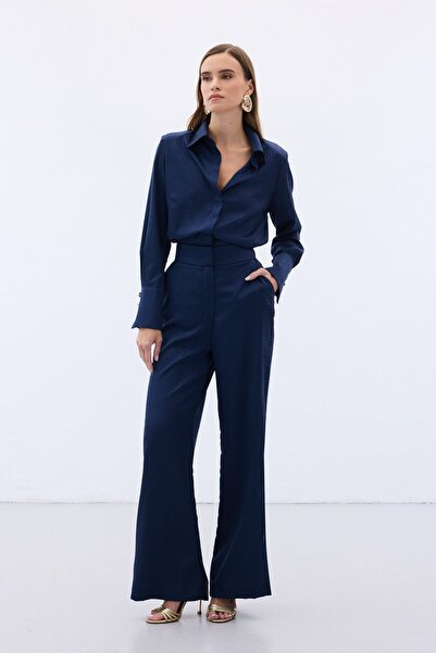Sateen Jacquard Trousers - Navy Blue