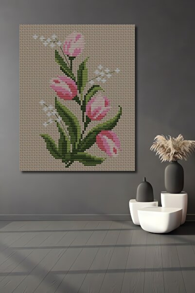 Teona Ahşap Ahşap Dekoratif Kanaviçe İşlemeli Pembe Lale Buketi Tablo Dikdörtgen Tablo