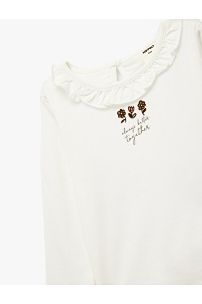 Koton Cotton Ruffle Detail Floral Printed Crew Neck Long Sleeve T-Shirt