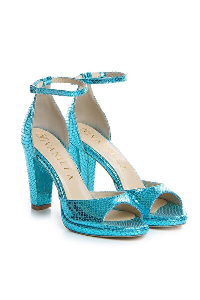 Vanilla Days Turquoise Reptile Leather Low Block Heel Sandals - Oslo Collection