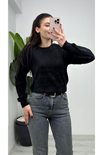 TUNAM BUTİK 857- Crew Neck Plain Bearded Soft Sweater Black