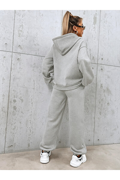 DUBU BUTİK Private Tracksuit Set Sweatshirt Jogger - Gray Printed Oversized Fleece-Lined Hooded