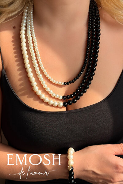 EMOSH de Lamour 3 Sıralı Siyah Beyaz Kontrast Kolye & Bileklik Cam İnci Set | Lüks Gece Daveti Zara