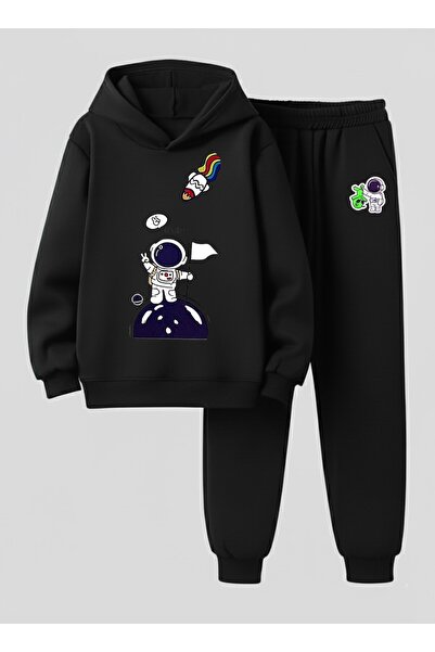 LORVEX Children Hooded Set Lucky Astronot Printed 3 Thread Ş Fleece-Lined Swe...