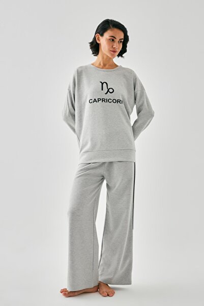 Akbeniz Women's Gray Capricorn Oversized 2 Thread Tracksuit Home Wear Set