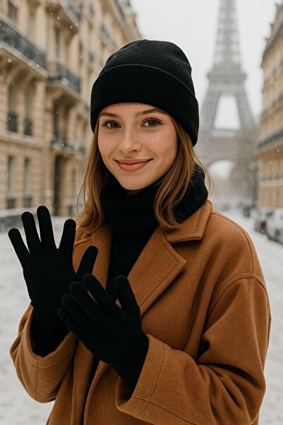 FELLMENS Black Basic Acrylic Unisex Beanie Gloves Set of 2