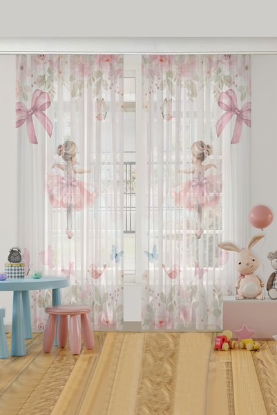 Bebişim Halı Ballerina Butterfly and Floral Children's Room Tulle Curtain