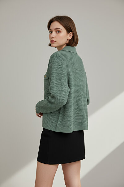 NEWCO Gold Button Textured Knitwear Jacket with Double Pocket Detail, Polo Neck, Long Sleeves