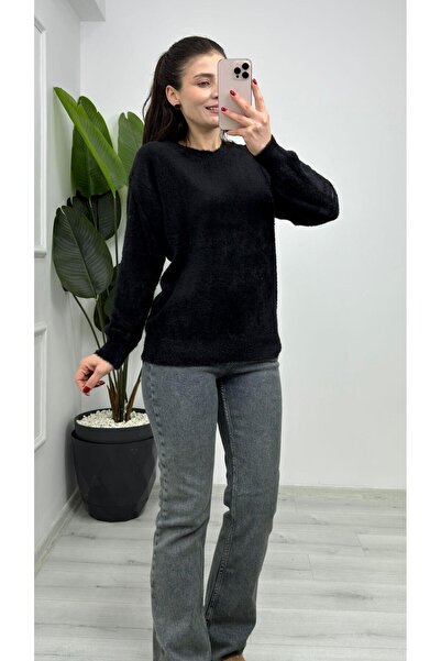 TUNAM BUTİK 857- Crew Neck Plain Bearded Soft Sweater Black
