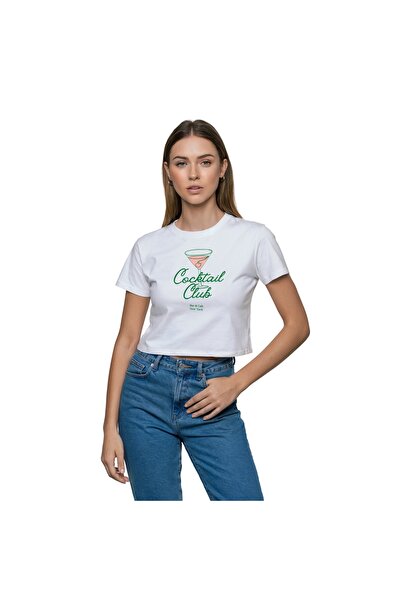 Kadın Cocktail Baskılı Organik Pamuk / Yumuşak, Kısa Kollu, Bisiklet Yaka, Örme Crop Top T-Shirt
