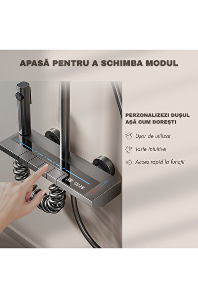 narvara Smart Shower Column with LED Display — Temperature & Timer, Rain Head, Dark Gray