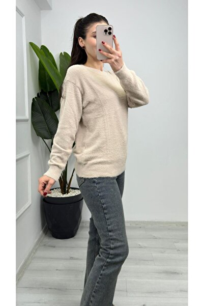 TUNAM BUTİK 857- Crew Neck Plain Bearded Soft Sweater Camel