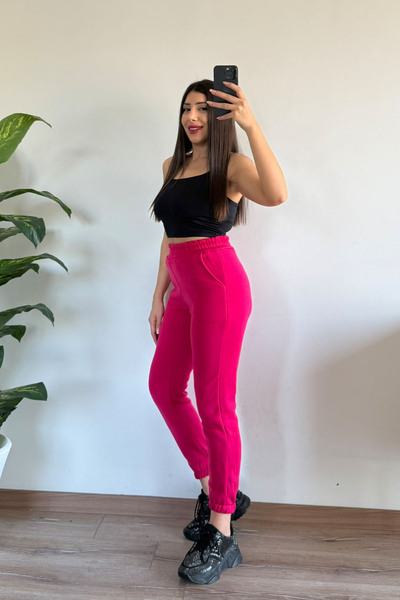 CİDDE Women's Winter 3 Thread Thick Fleece Lined High Waist Elasticated Leg Basic Jogger Sweatpants