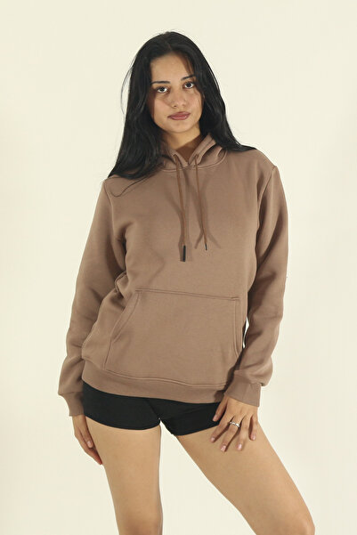 EydaMoon Дамска кафява зимна памучна блуза с качулка и джобове тип кенгуру