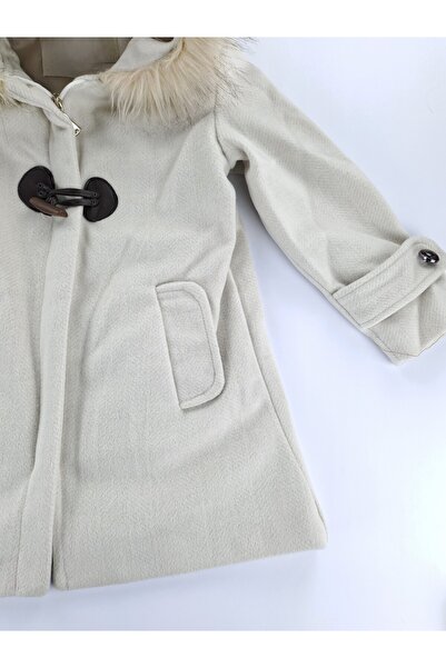 Butik Girl's Cashmere Coat with Lining Premium Quality Hooded Zipper Closure Button Detail