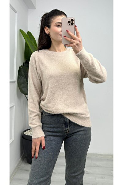 TUNAM BUTİK 857- Crew Neck Plain Bearded Soft Sweater Camel