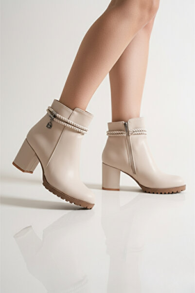 Brielfy Sorell 9 cm Heeled Rope Detailed Round Toe Zippered Faux Leather Winter Women's Boots