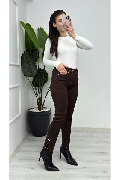 TUNAM BUTİK 1774-78 بنطلون جينز موم كاواي بتصميم فيوري باتشا ستون باللون البني