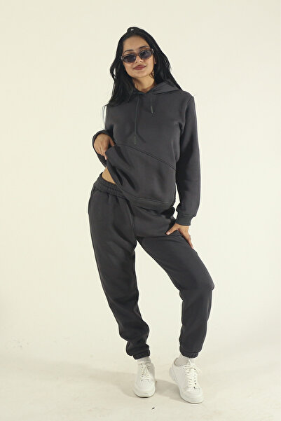 EydaMoon Women's Smoked Winter Cotton Puff Fabric Side Pocket Hooded Jogger Tracksuit Set