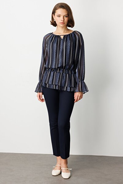 Ekol Drawstring Waist Patterned Chiffon Blouse