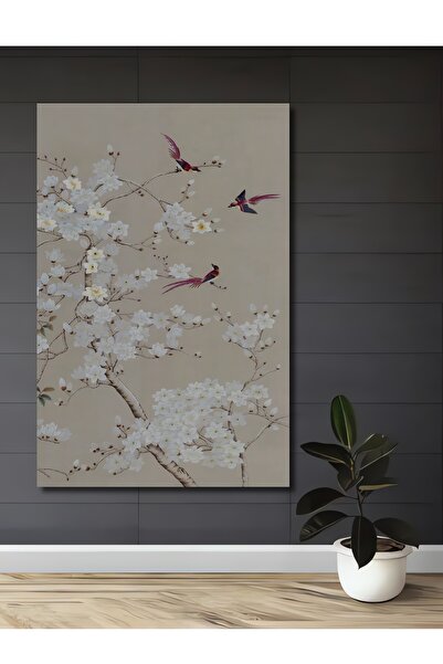 Teona Ahşap Büyüleyici Kuş ve Beyaz Manolya Sanat Ahşap Dekoratif Tablo Dikdörtgen Tablo
