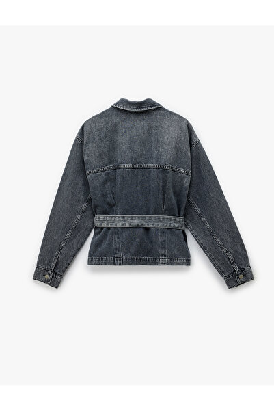 Koton Classic Lapel Belt Detailed Buttoned Pocket Washed Denim Jacket