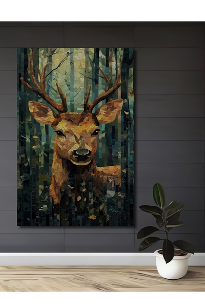Teona Ahşap Ormanın Gizemli Geyiği Yağlı Boya Görünümlü Ahşap Dekoratif Tablo...