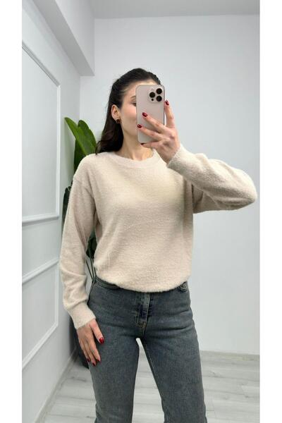 TUNAM BUTİK 857- Crew Neck Plain Bearded Soft Sweater Camel