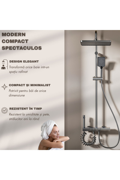 narvara Smart Shower Column with LED Display — Temperature & Timer, Rain Head, Dark Gray