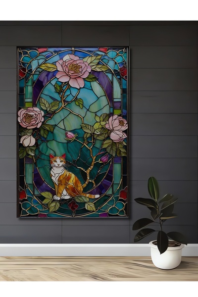 Teona Ahşap Vitray Desenli Kedi Ve Çiçekler Yağlı Boya Görünümlü Ahşap Dekora...