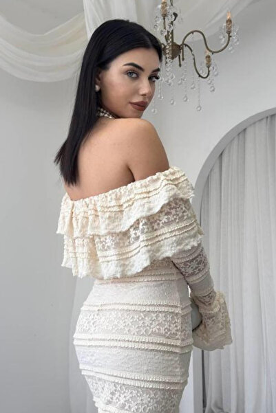 thesunfyre Women's Madonna Collar Ruffled Premium Lace Dress