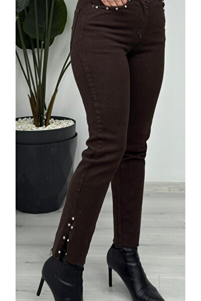 TUNAM BUTİK 1774-78 بنطلون جينز موم كاواي بتصميم فيوري باتشا ستون باللون البني