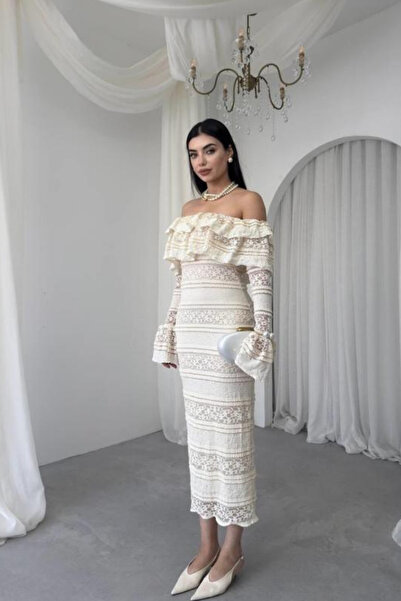 thesunfyre Women's Madonna Collar Ruffled Premium Lace Dress