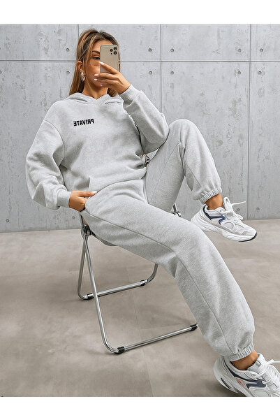 DUBU BUTİK Private Tracksuit Set Sweatshirt Jogger - Gray Printed Oversized Fleece-Lined Hooded