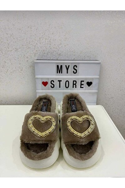 AkınalBella Bella Home Kalp Aksesuarlı Peluş Ev Terliği Panduf Vizon Renk Kut...
