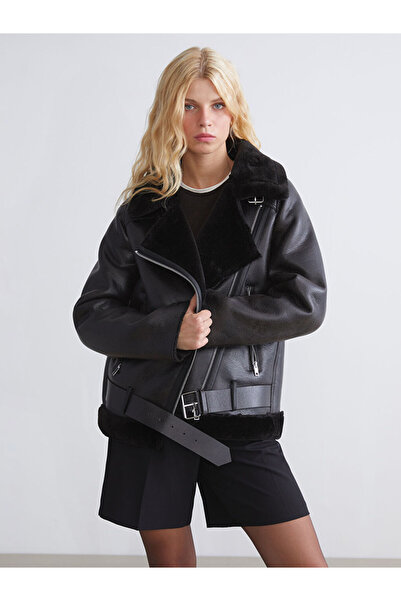 LC Waikiki Black Plush Biker Collar Women's Leather-Look Coat from Plus-Store