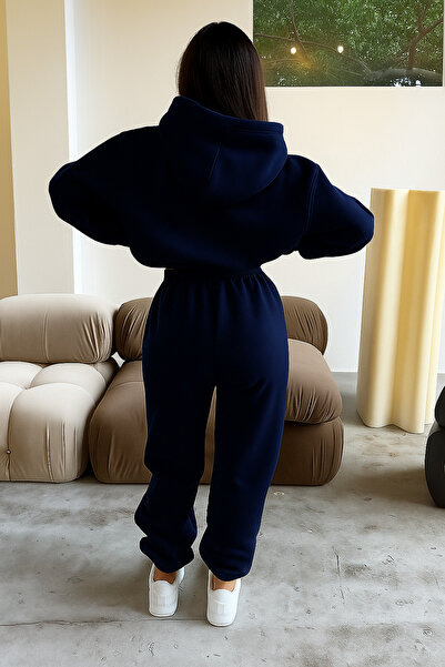 CLAYES Ellore Australia Tracksuit Set Sweatshirt Jogger - Navy Blue Printed Oversized Fleece-Lined Hooded