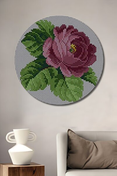 Teona Ahşap Ahşap Dekoratif Tablo Kanaviçe Çiçek Desenli Gül Bahçesi Yuvarlak Tablo