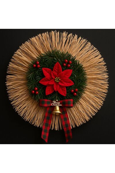 Home Bohem Handmade Noel Yılbaşı Temalı Çan Figürlü Kırmızı Çiçekli Doğal Raf...