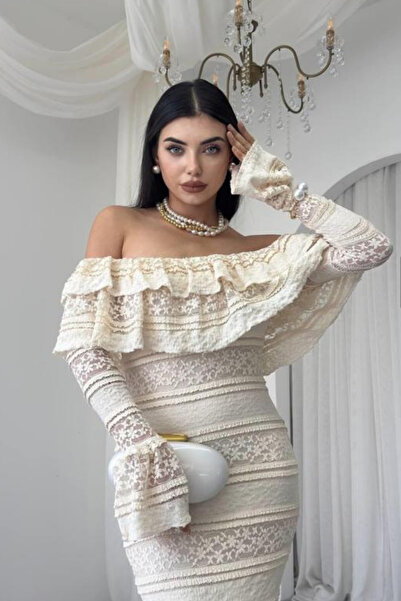 thesunfyre Women's Madonna Collar Ruffled Premium Lace Dress