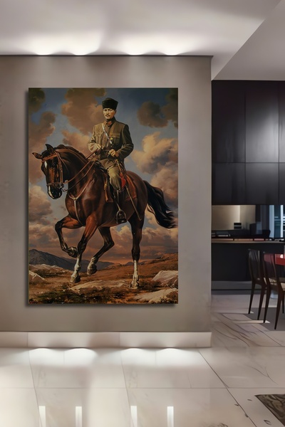 Teona Ahşap Atatürk At Üstünde Yağlı Boya Görünümlü Dekoratif Ahşap Tablo Dik...